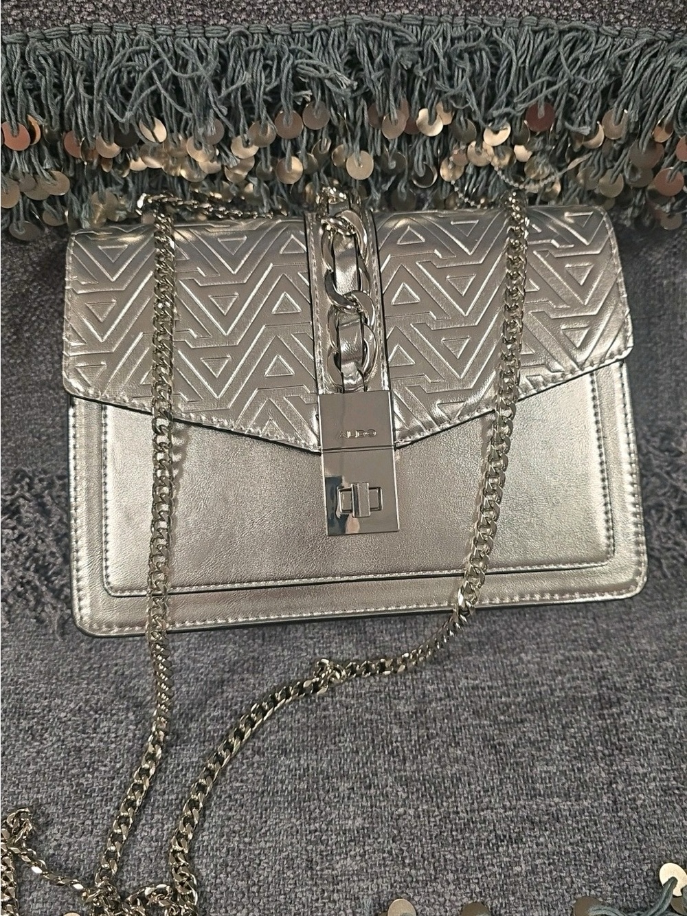 Aldo Metallic Silver Quilted Chain Crossbody Bag